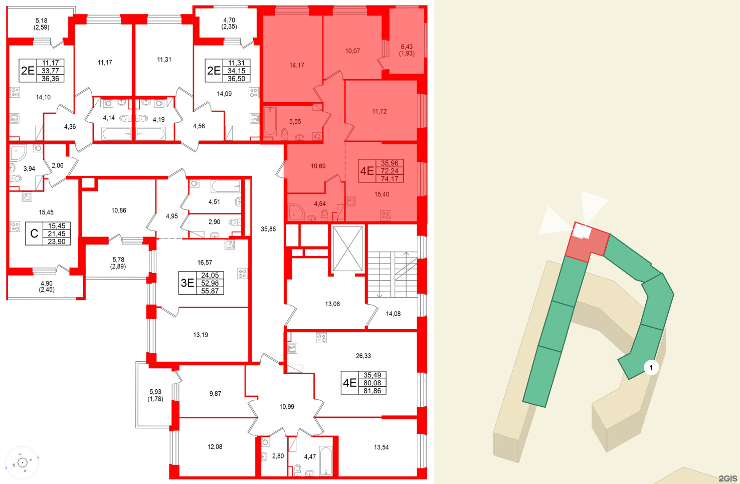 Квартира в ЖК «Аквилон RekaPark», 3 комнатная, 74.17 м², 7 этаж