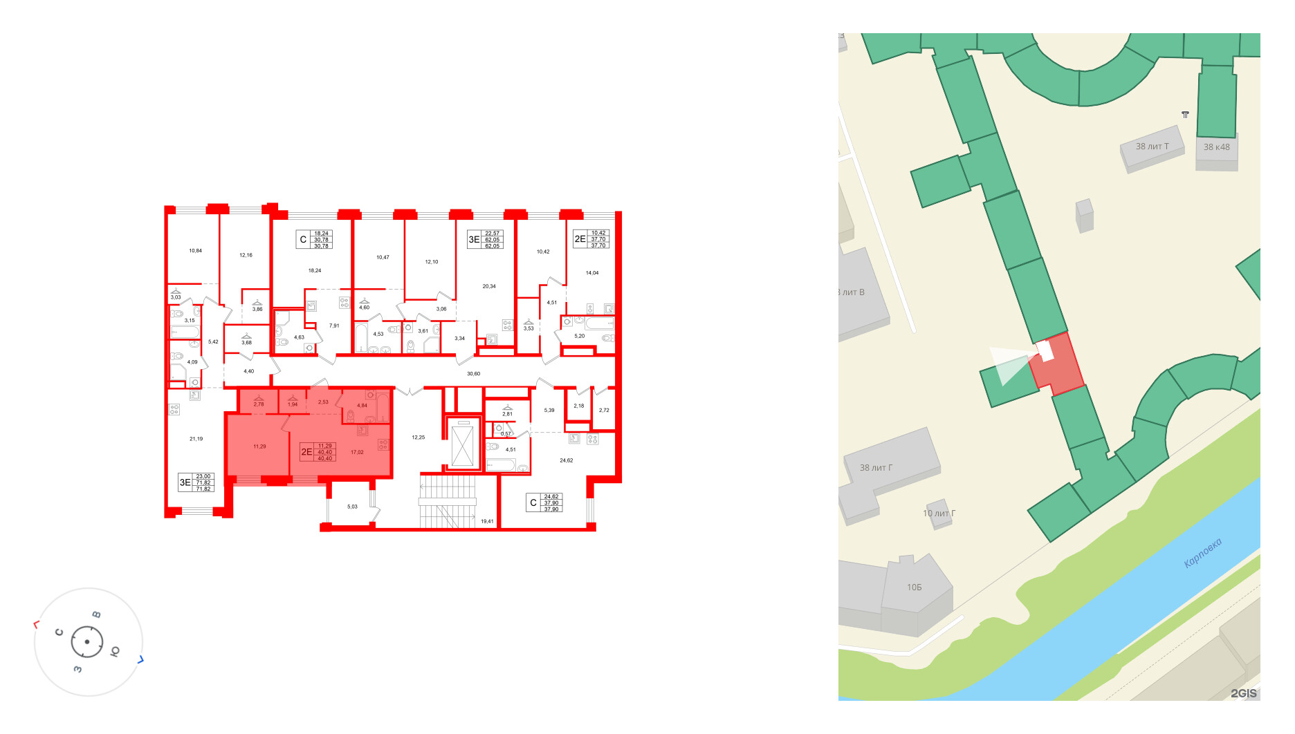 Квартира в ЖК ID Петроградская, 1 комнатная, 40.4 м², 2 этаж