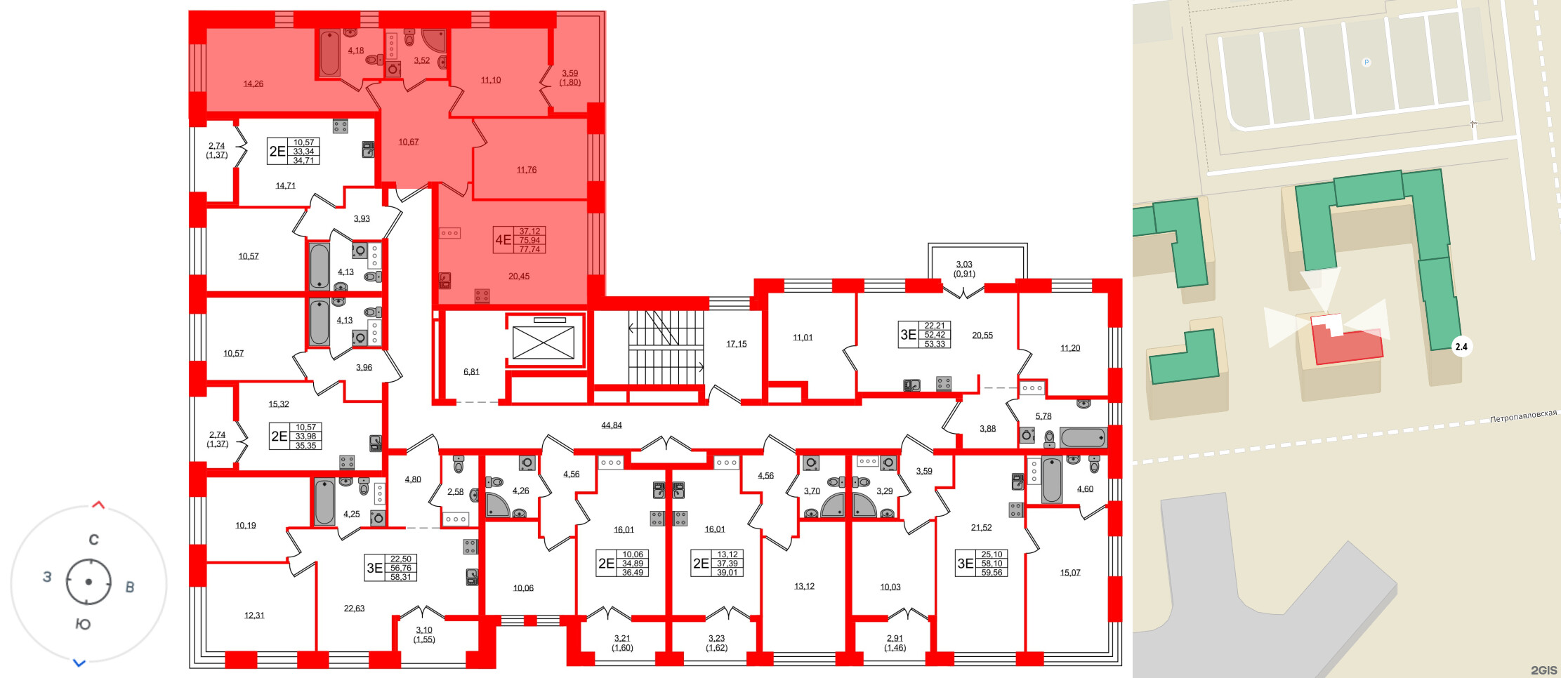 Квартира в ЖК NEWПИТЕР, 3 комнатная, 77.74 м², 7 этаж