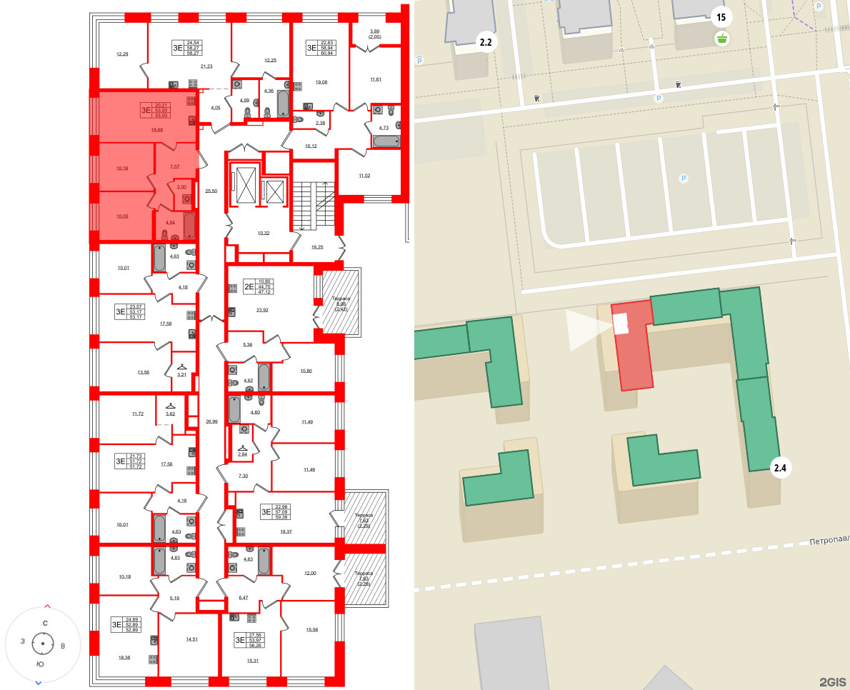 Квартира в ЖК «Новый Питер», 2 комнатная, 53 м², 2 этаж