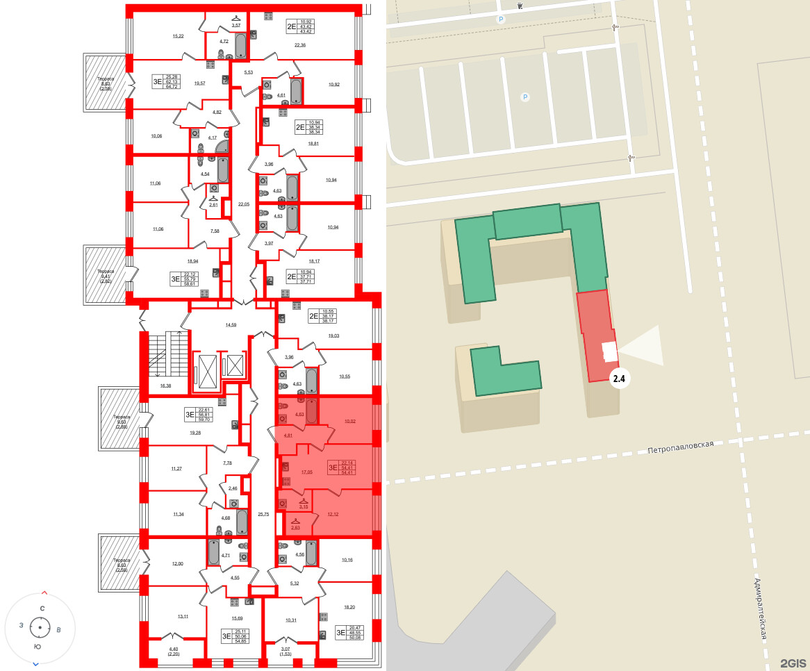 Квартира в ЖК «Новый Питер», 2 комнатная, 54.41 м², 2 этаж