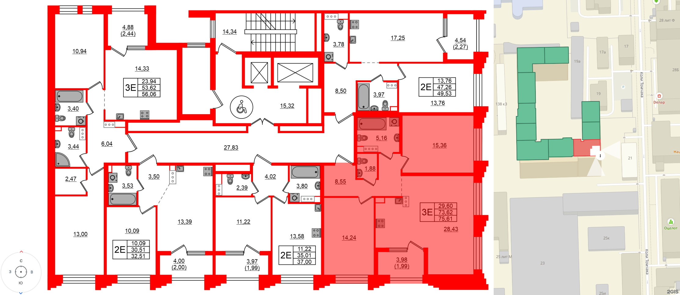 Квартира в ЖК Знатный, 2 комнатная, 75.61 м², 5 этаж