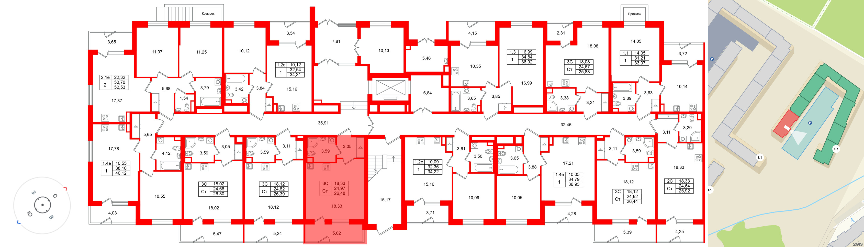 Квартира в ЖК «Парадный ансамбль», студия, 24.97 м², 1 этаж