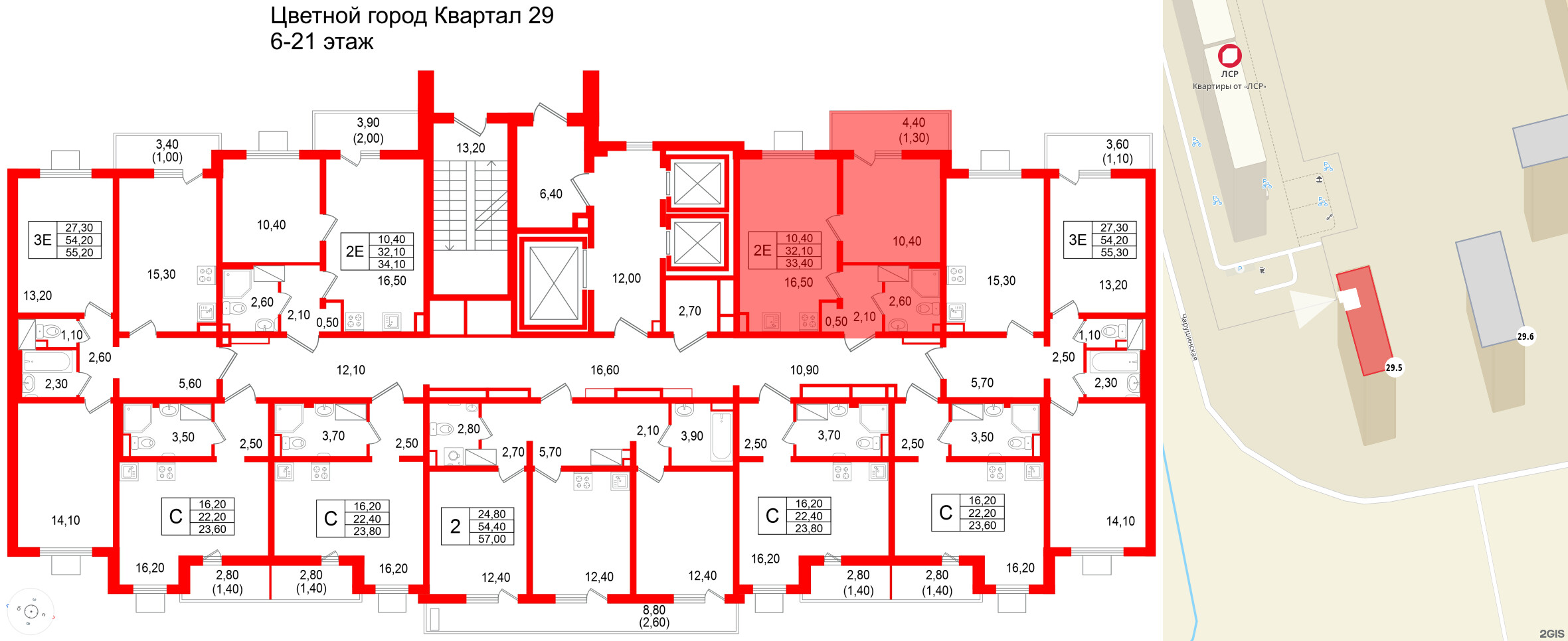 Квартира в ЖК 'Цветной город', 1 комнатная, 33.4 м², 19 этаж