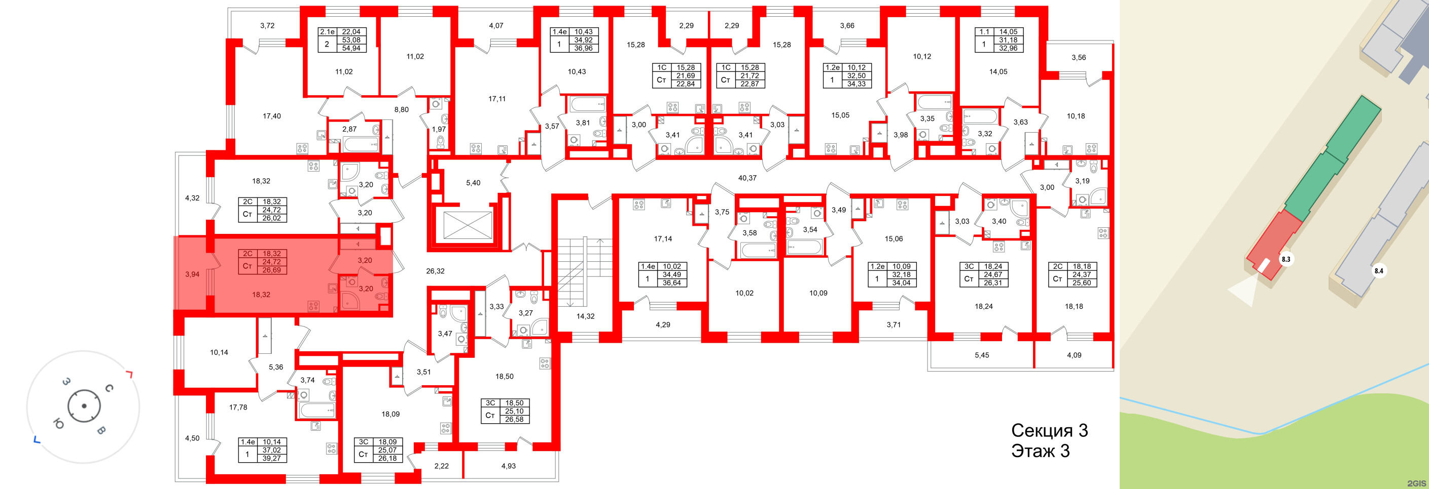 Квартира в ЖК «Парадный ансамбль», студия, 24.72 м², 3 этаж