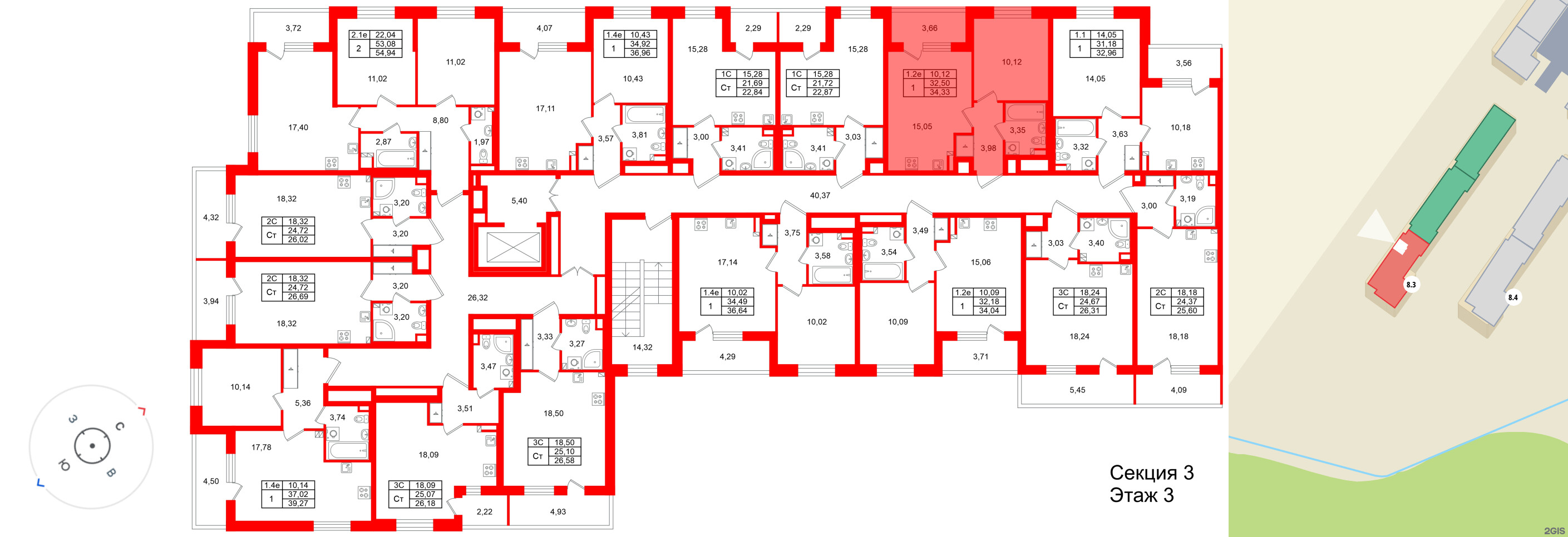 Квартира в ЖК «Парадный ансамбль», 1 комнатная, 32.5 м², 3 этаж