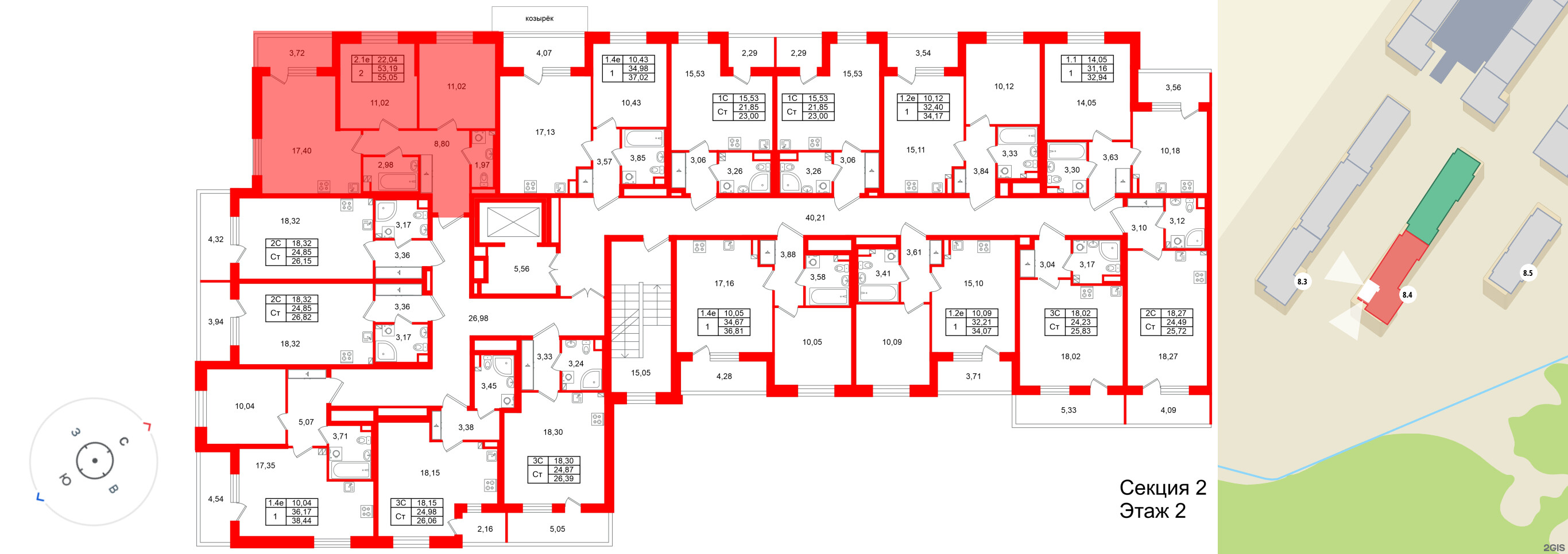 Квартира в ЖК «Парадный ансамбль», 2 комнатная, 53.19 м², 2 этаж