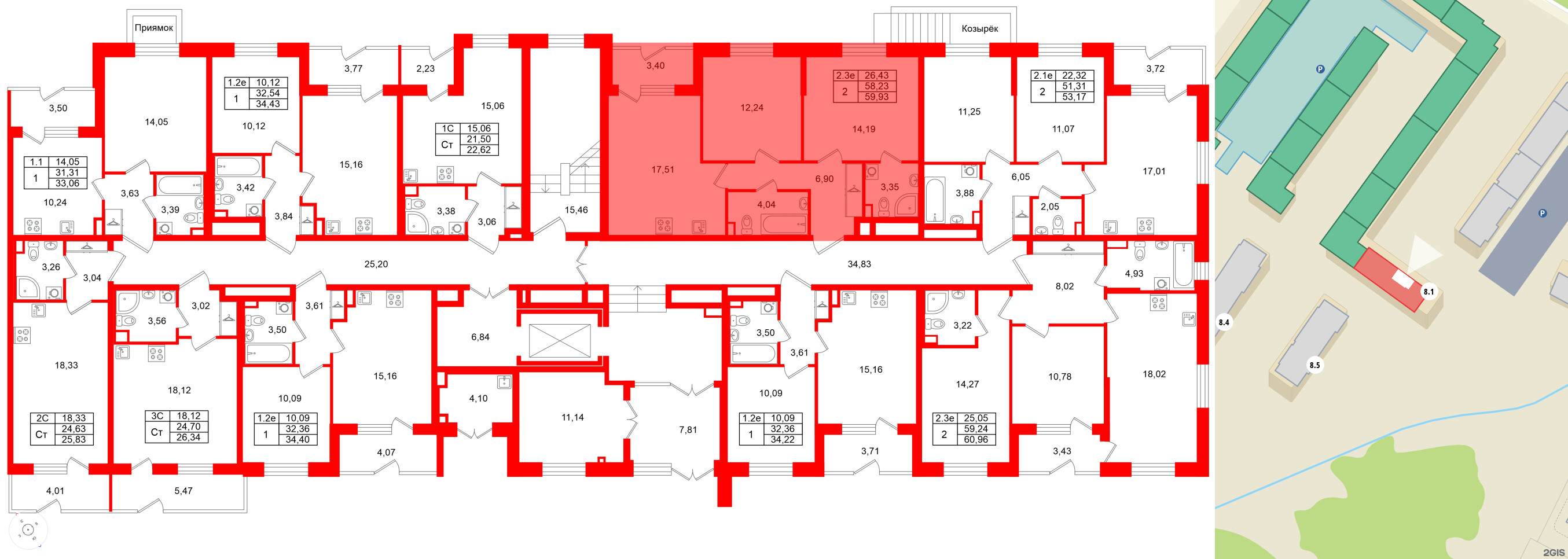 Квартира в ЖК «Парадный ансамбль», 2 комнатная, 58.23 м², 1 этаж