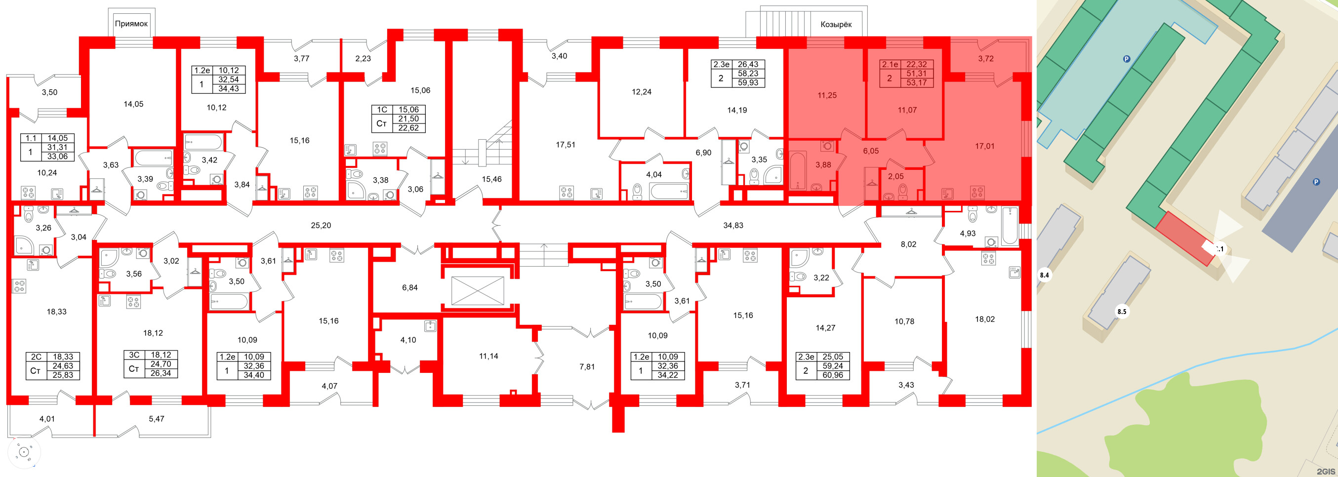Квартира в ЖК «Парадный ансамбль», 2 комнатная, 51.31 м², 1 этаж
