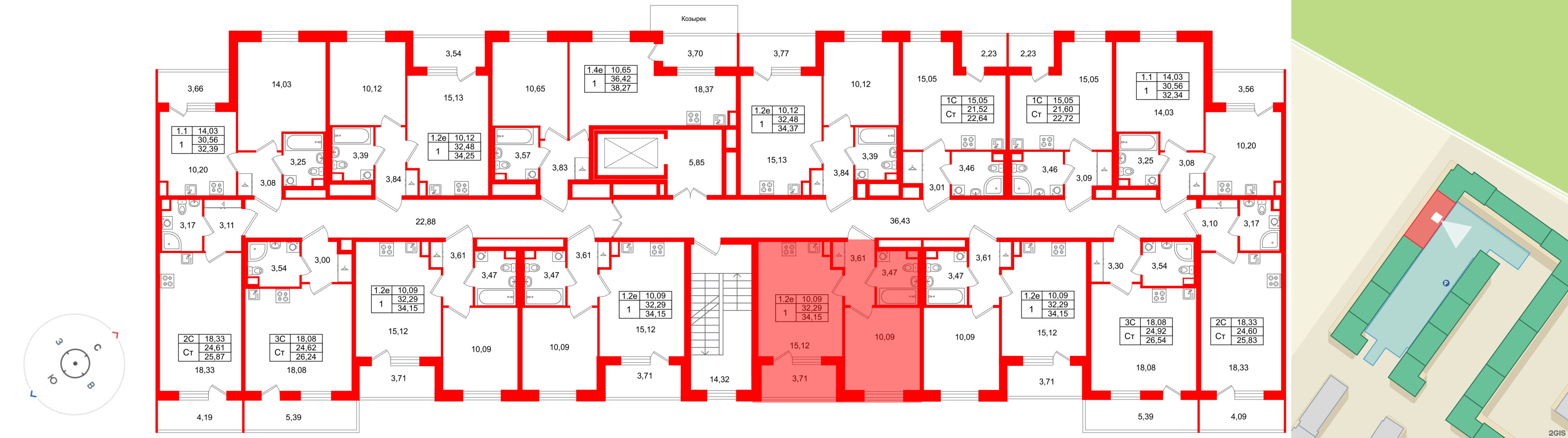 Квартира в ЖК «Парадный ансамбль», 1 комнатная, 32.29 м², 2 этаж