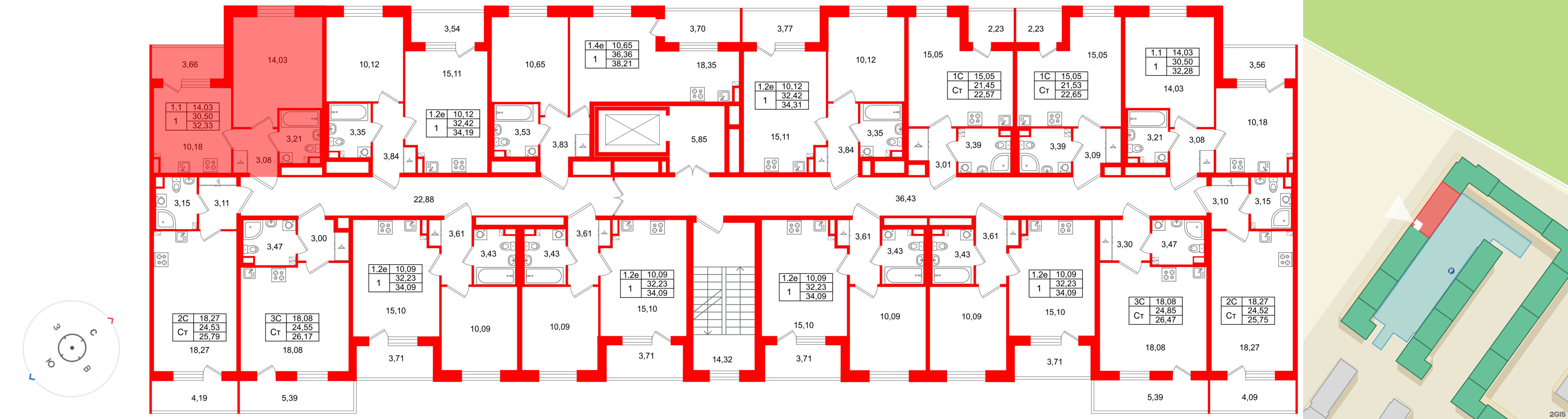 Квартира в ЖК «Парадный ансамбль», 1 комнатная, 30.5 м², 3 этаж