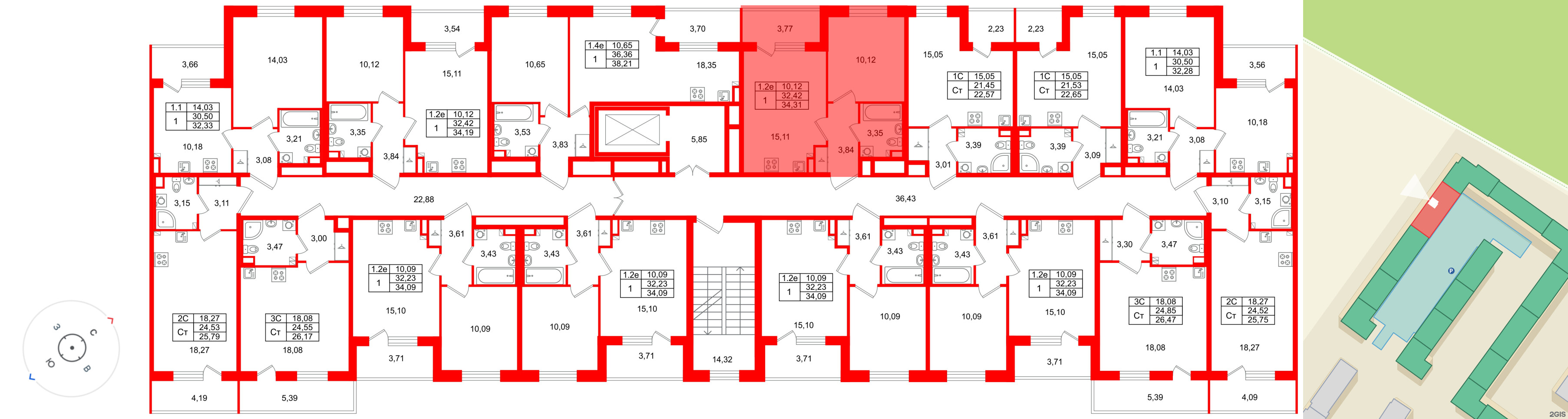 Квартира в ЖК «Парадный ансамбль», 1 комнатная, 32.42 м², 3 этаж