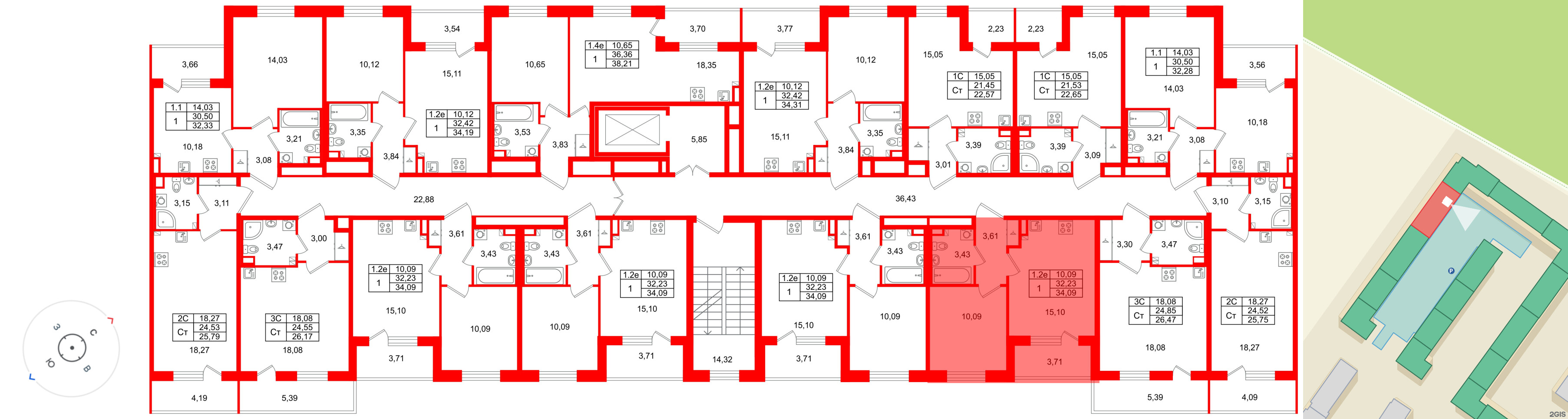 Квартира в ЖК «Парадный ансамбль», 1 комнатная, 32.23 м², 3 этаж