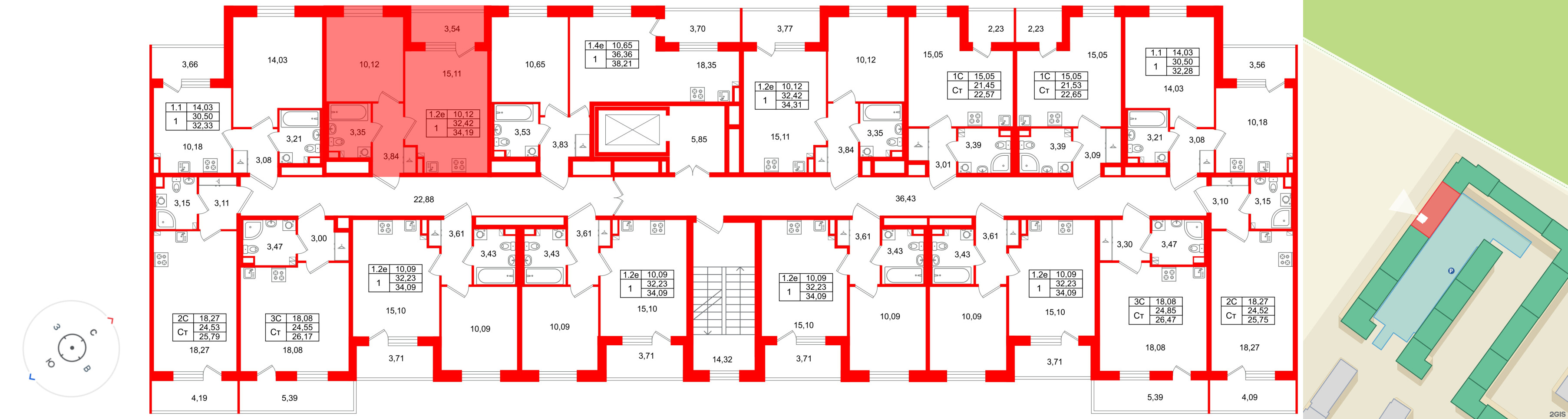 Квартира в ЖК «Парадный ансамбль», 1 комнатная, 32.42 м², 3 этаж