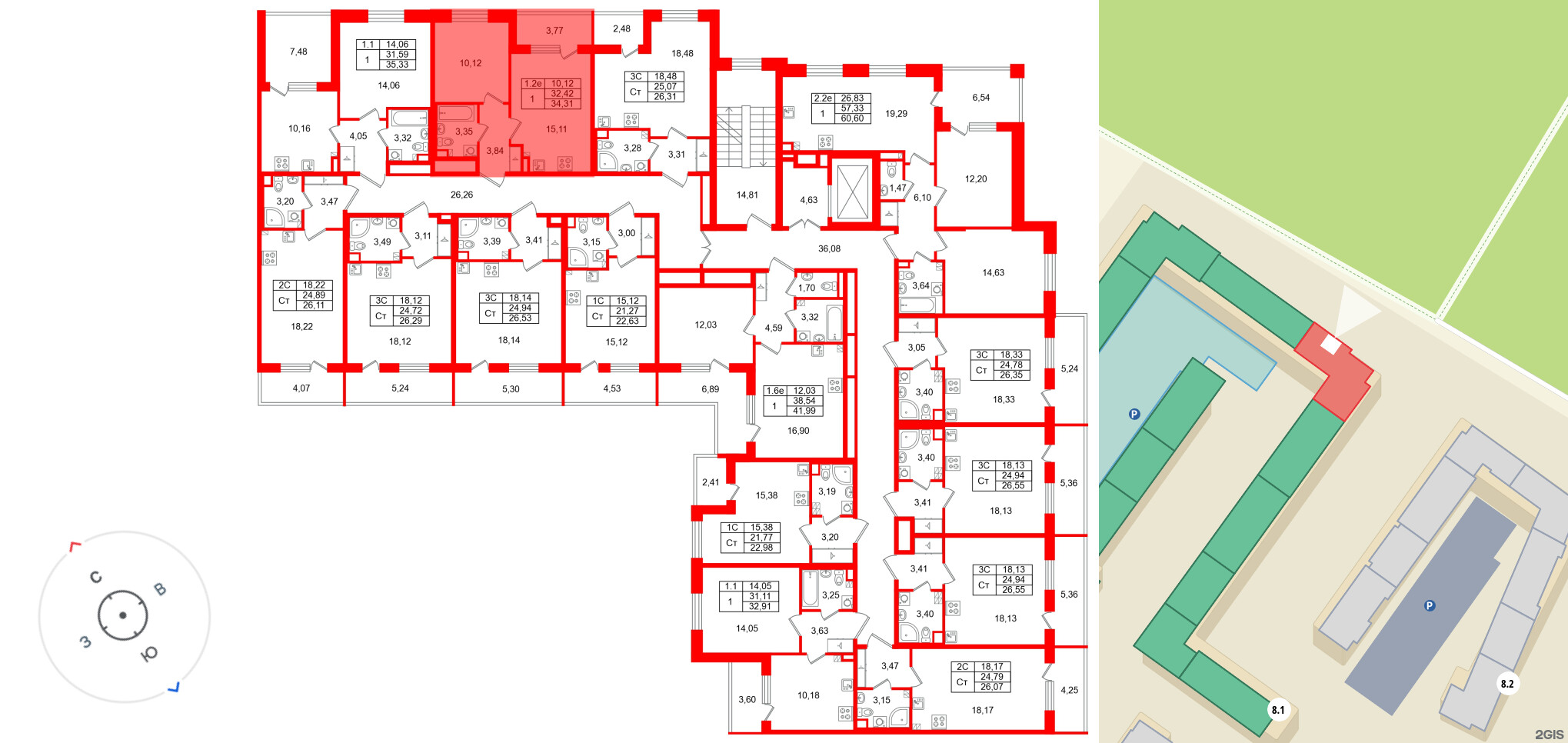 Квартира в ЖК «Парадный ансамбль», 1 комнатная, 32.42 м², 3 этаж