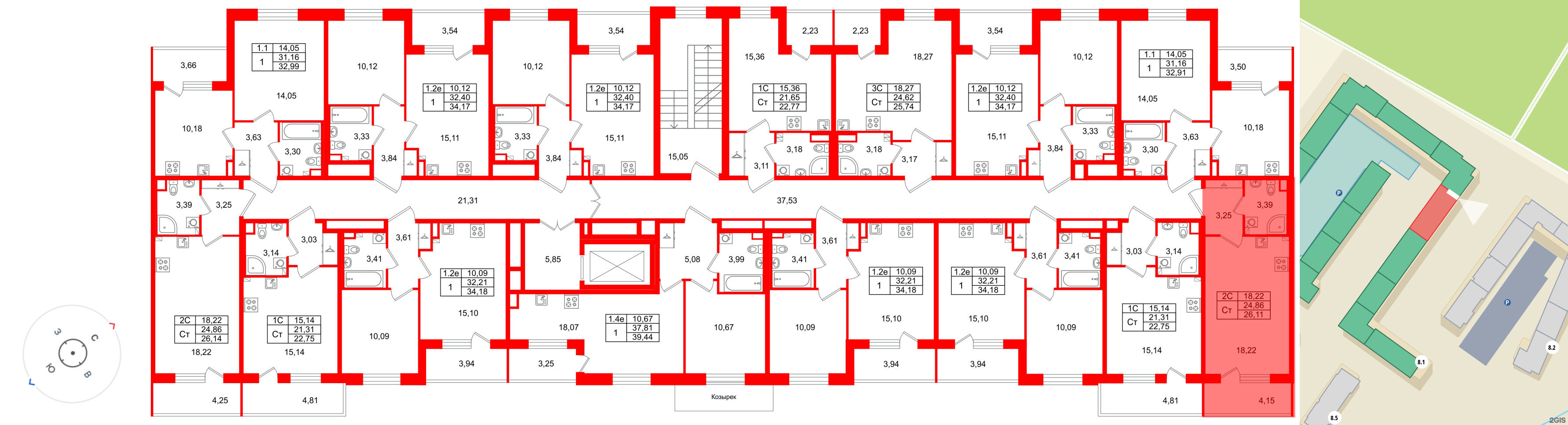 Квартира в ЖК «Парадный ансамбль», студия, 24.86 м², 2 этаж