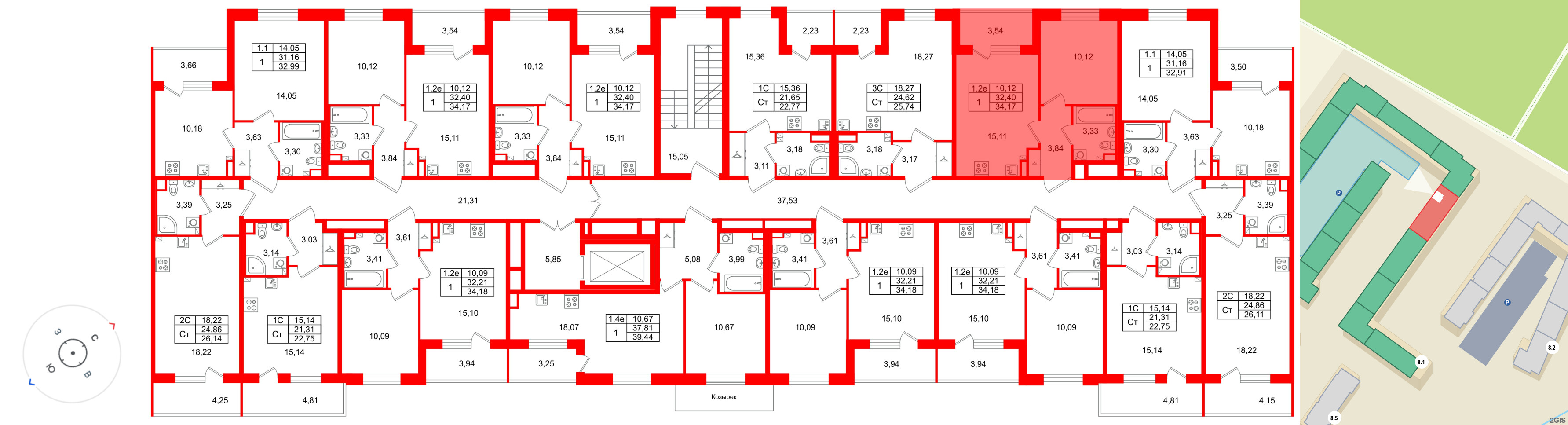 Квартира в ЖК «Парадный ансамбль», 1 комнатная, 32.4 м², 2 этаж