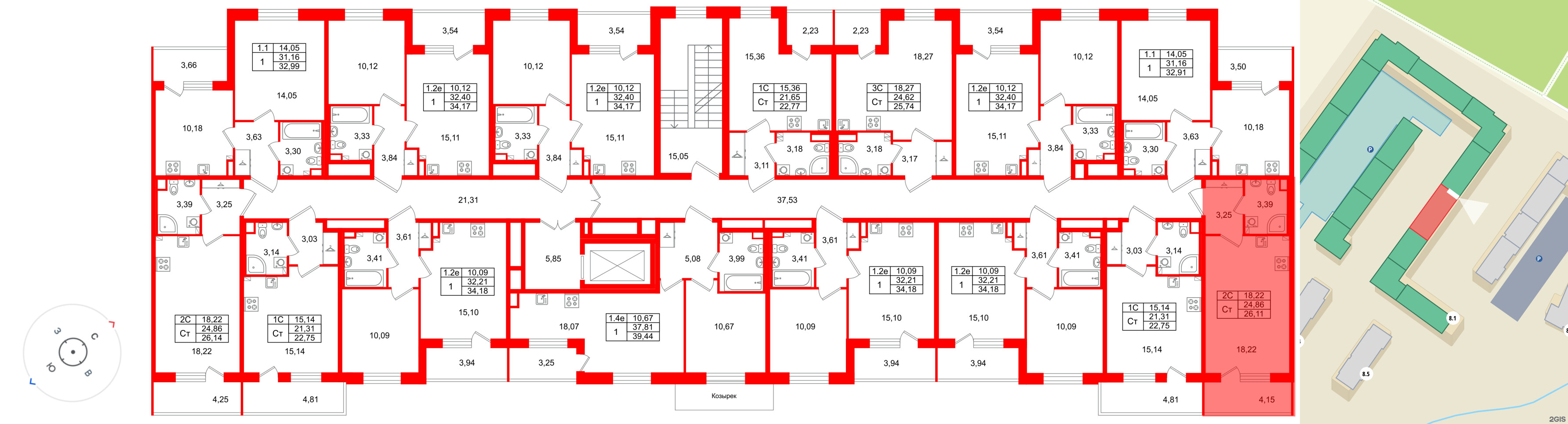Квартира в ЖК «Парадный ансамбль», студия, 24.86 м², 2 этаж