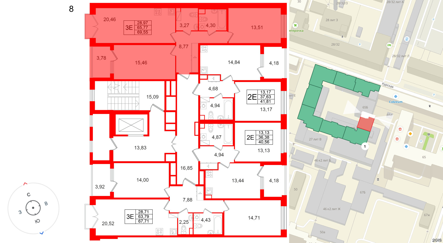 Квартира в ЖК Дом на Курской, 2 комнатная, 65.77 м², 8 этаж