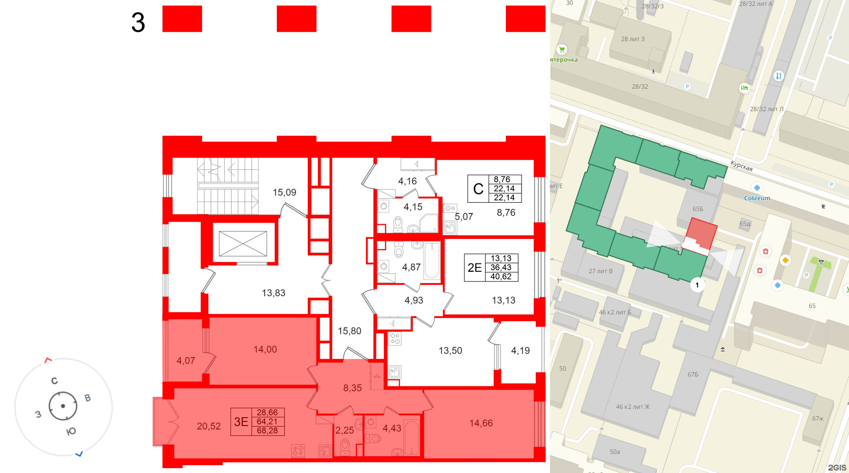 Квартира в ЖК Дом на Курской, 2 комнатная, 64.21 м², 3 этаж