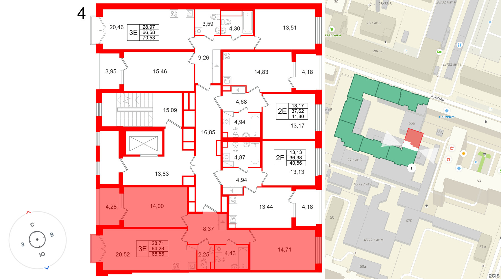 Квартира в ЖК Дом на Курской, 2 комнатная, 64.28 м², 4 этаж