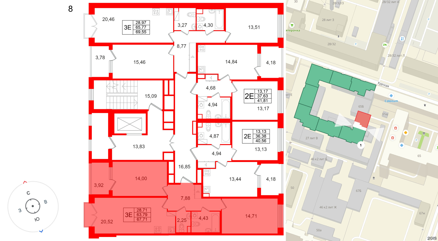 Квартира в ЖК Дом на Курской, 2 комнатная, 63.79 м², 8 этаж