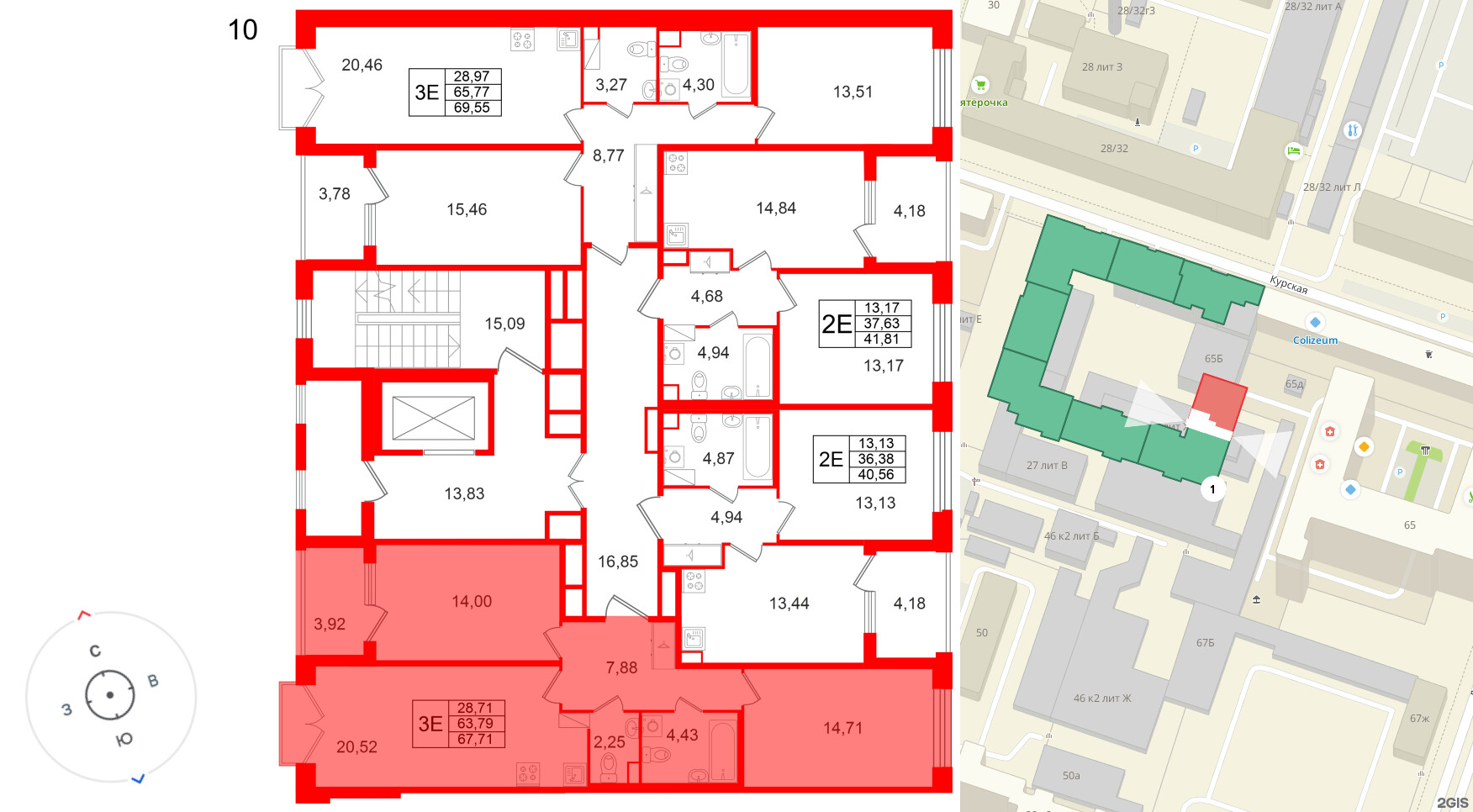 Квартира в ЖК Дом на Курской, 2 комнатная, 63.79 м², 10 этаж