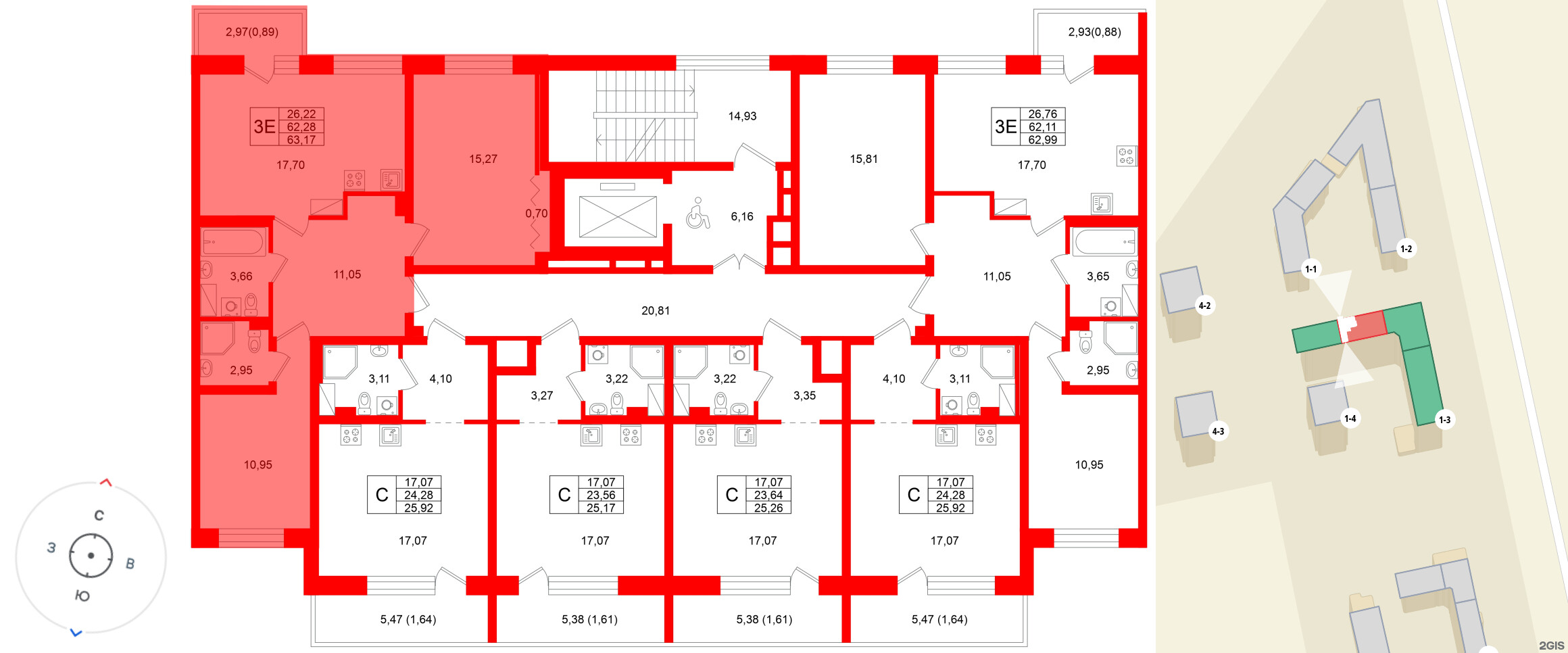 Квартира в ЖК «Город спутник Южный», 2 комнатная, 63.17 м², 5 этаж