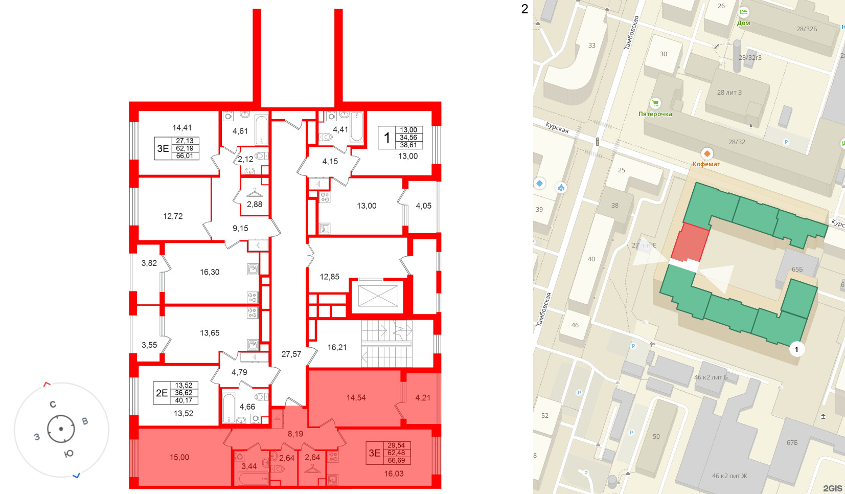 Квартира в ЖК Дом на Курской, 2 комнатная, 62.48 м², 2 этаж