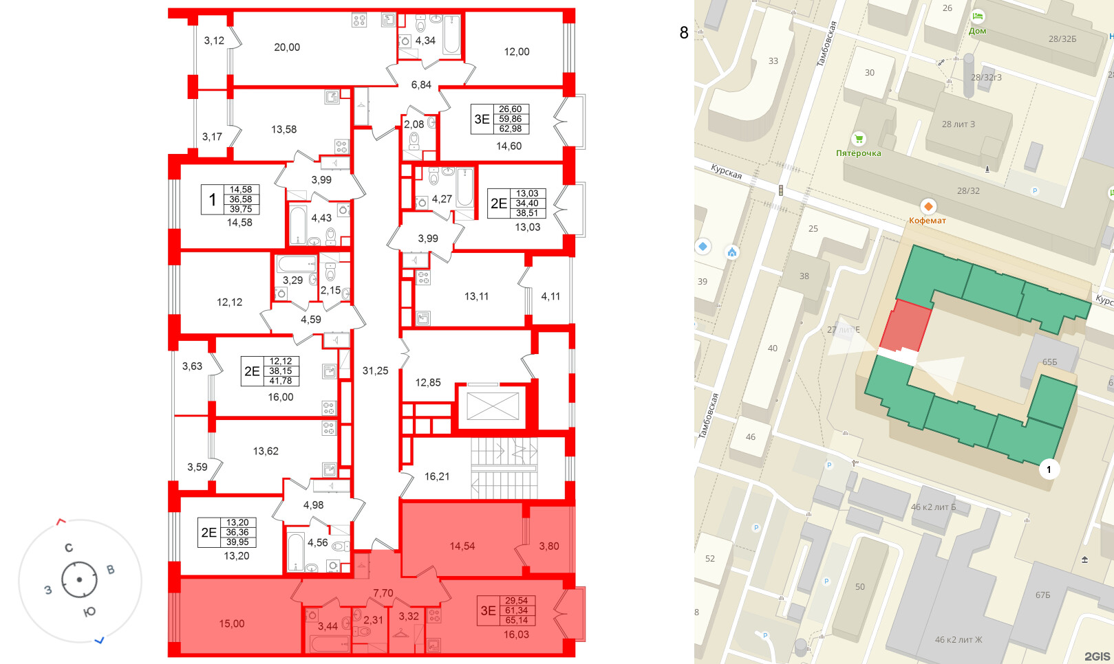 Квартира в ЖК Дом на Курской, 2 комнатная, 61.34 м², 8 этаж