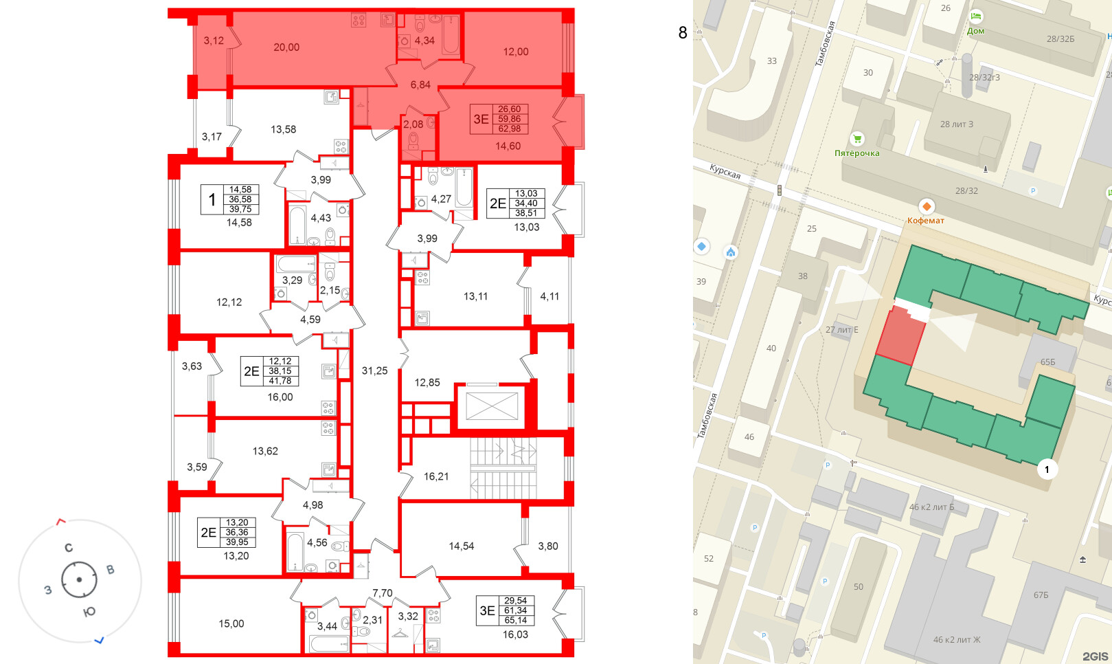 Квартира в ЖК Дом на Курской, 2 комнатная, 59.86 м², 8 этаж