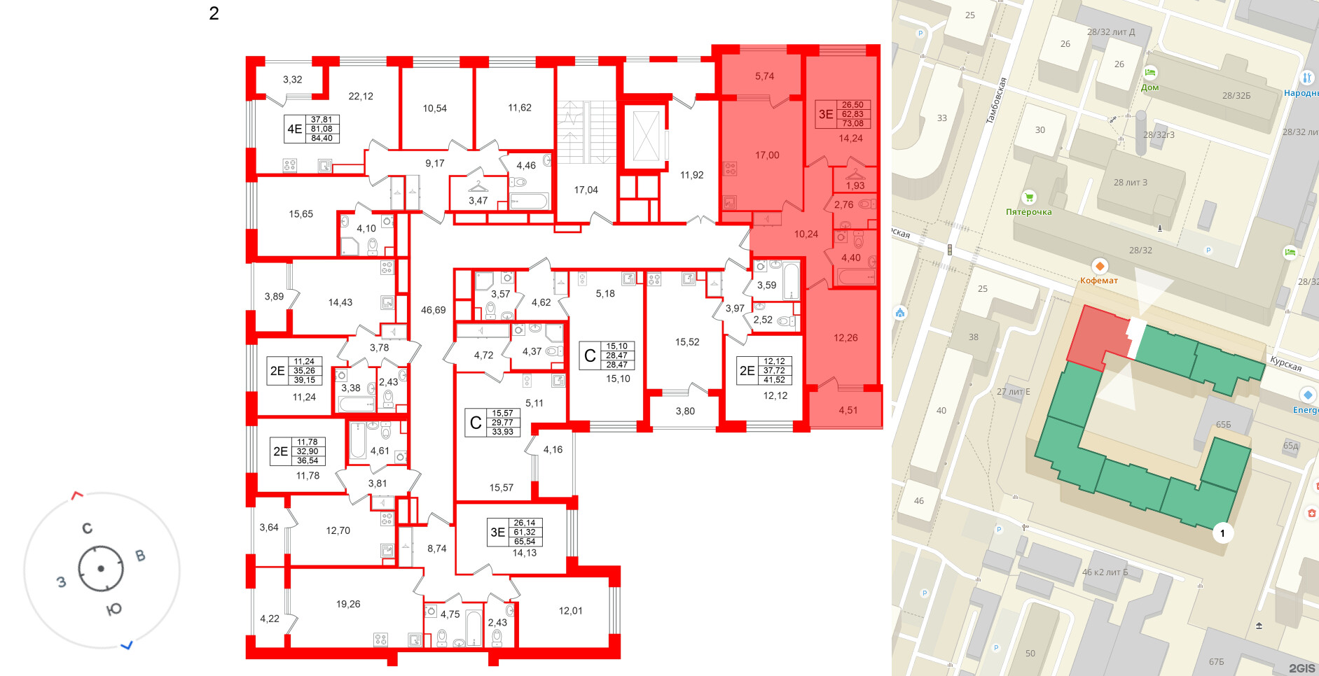Квартира в ЖК Дом на Курской, 2 комнатная, 62.83 м², 2 этаж