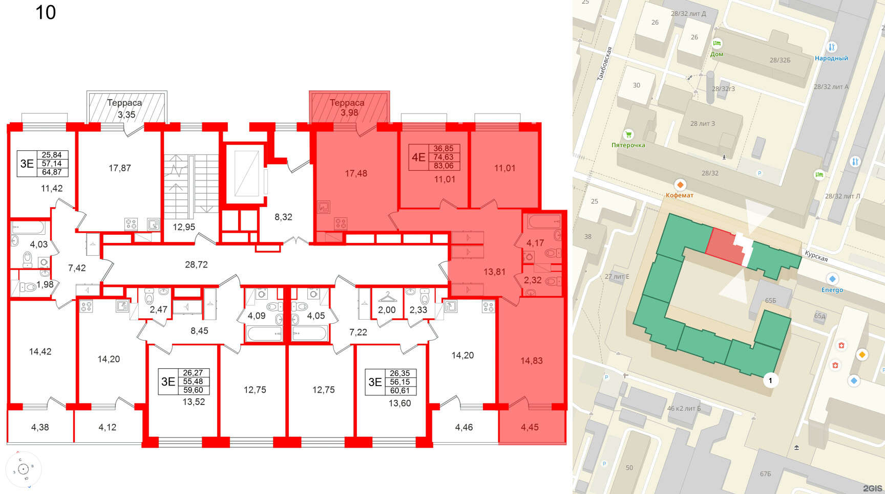 Квартира в ЖК Дом на Курской, 3 комнатная, 74.63 м², 10 этаж