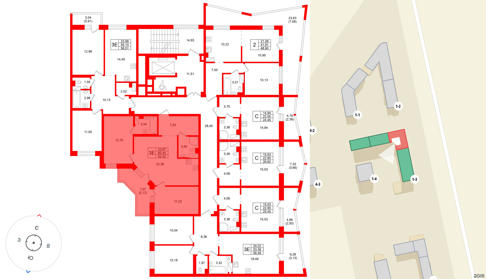 Квартира в ЖК «Город спутник Южный», 2 комнатная, 62.52 м², 6 этаж