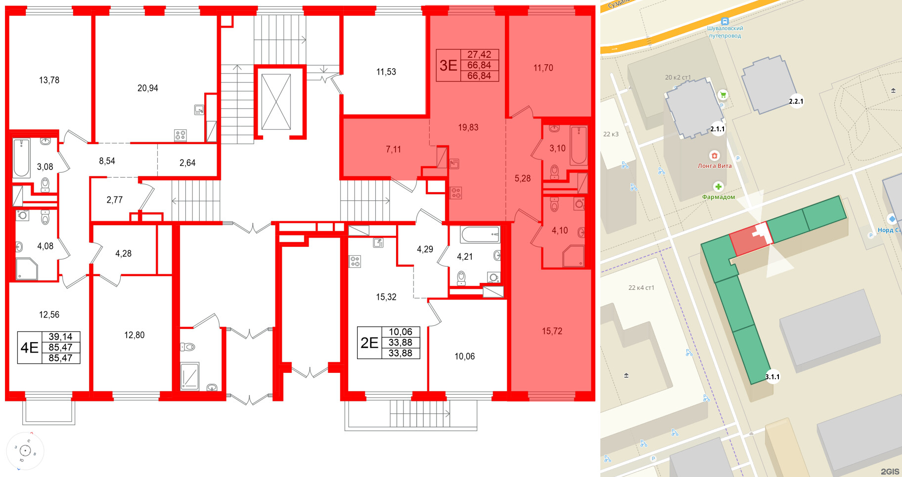 Квартира в ЖК 'OKLA', 2 комнатная, 66.84 м², 1 этаж