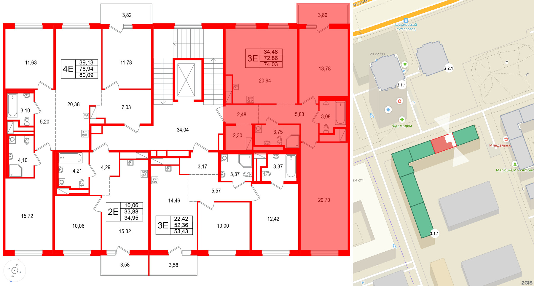 Квартира в ЖК 'OKLA', 2 комнатная, 74.03 м², 2 этаж