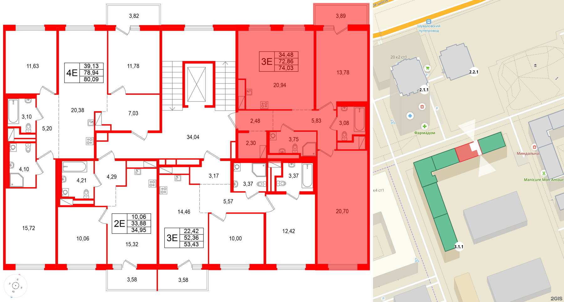 Квартира в ЖК 'OKLA', 2 комнатная, 74.03 м², 3 этаж
