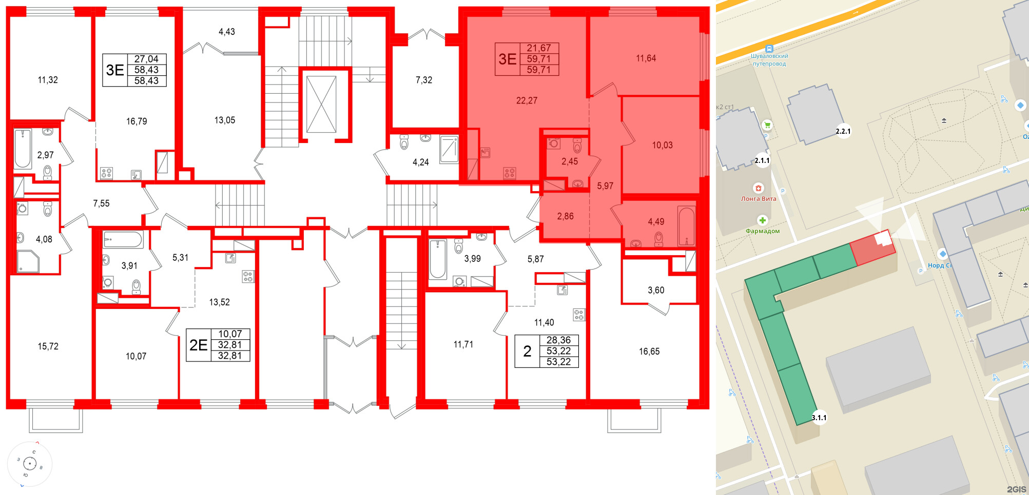 Квартира в ЖК 'OKLA', 2 комнатная, 59.71 м², 1 этаж