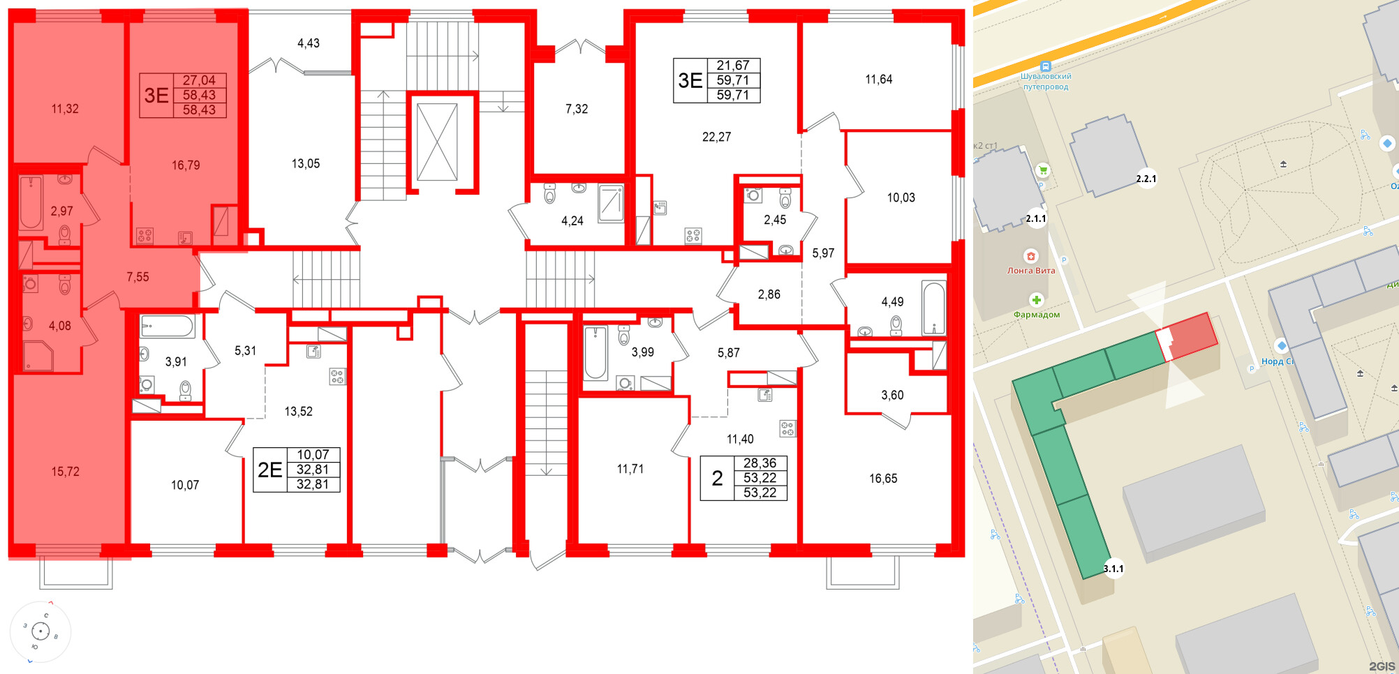 Квартира в ЖК 'OKLA', 2 комнатная, 58.43 м², 1 этаж