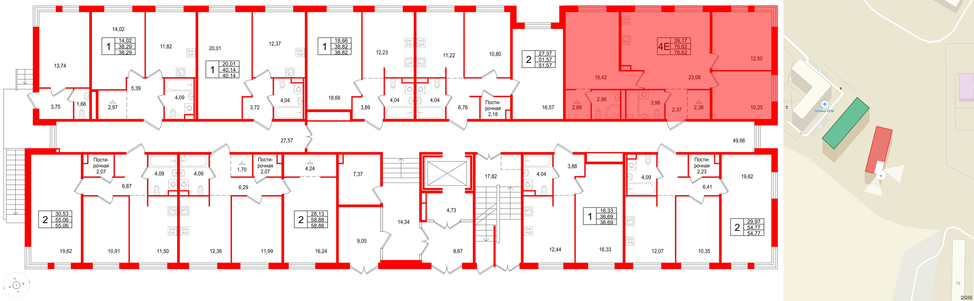 Квартира в ЖК Арт Парк, 3 комнатная, 76.62 м², 1 этаж