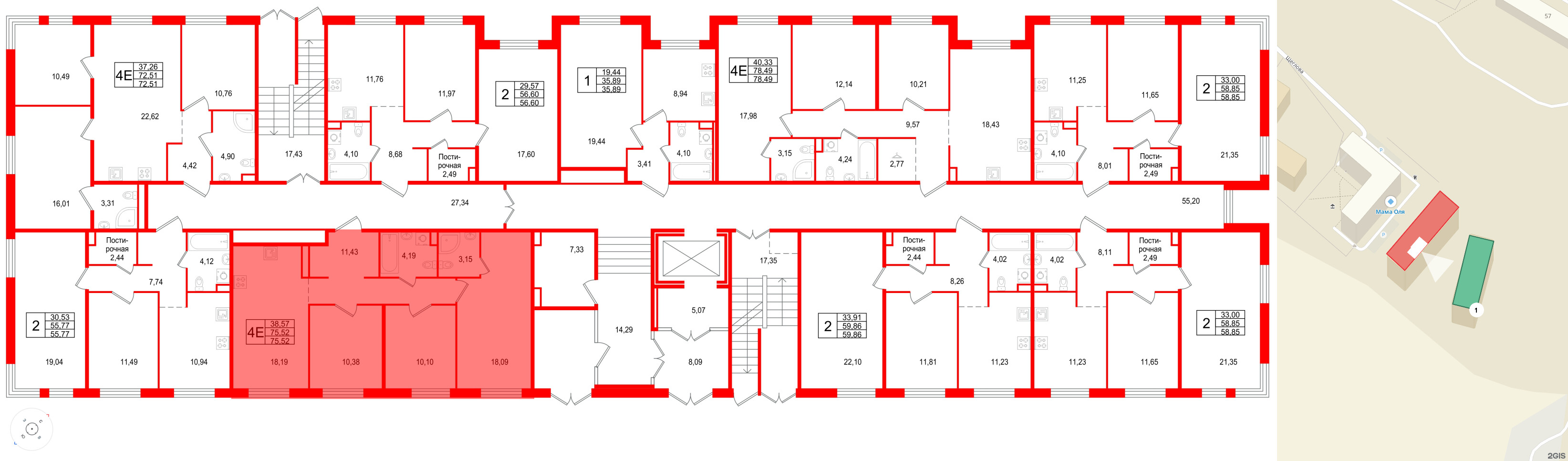 Квартира в ЖК Арт Парк, 3 комнатная, 75.52 м², 1 этаж