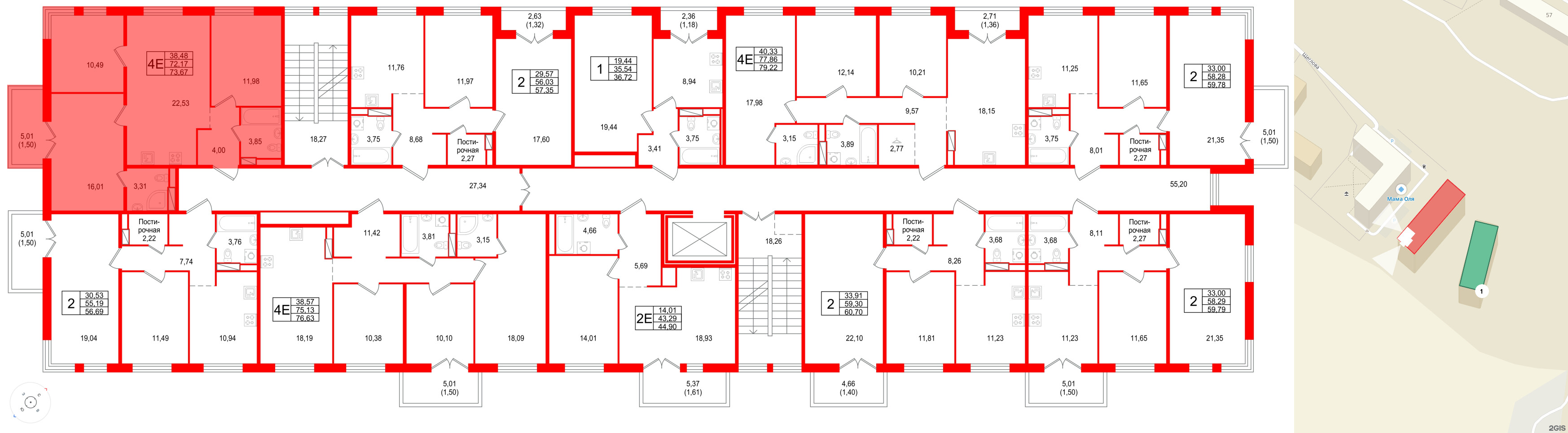 Квартира в ЖК Арт Парк, 3 комнатная, 73.67 м², 2 этаж