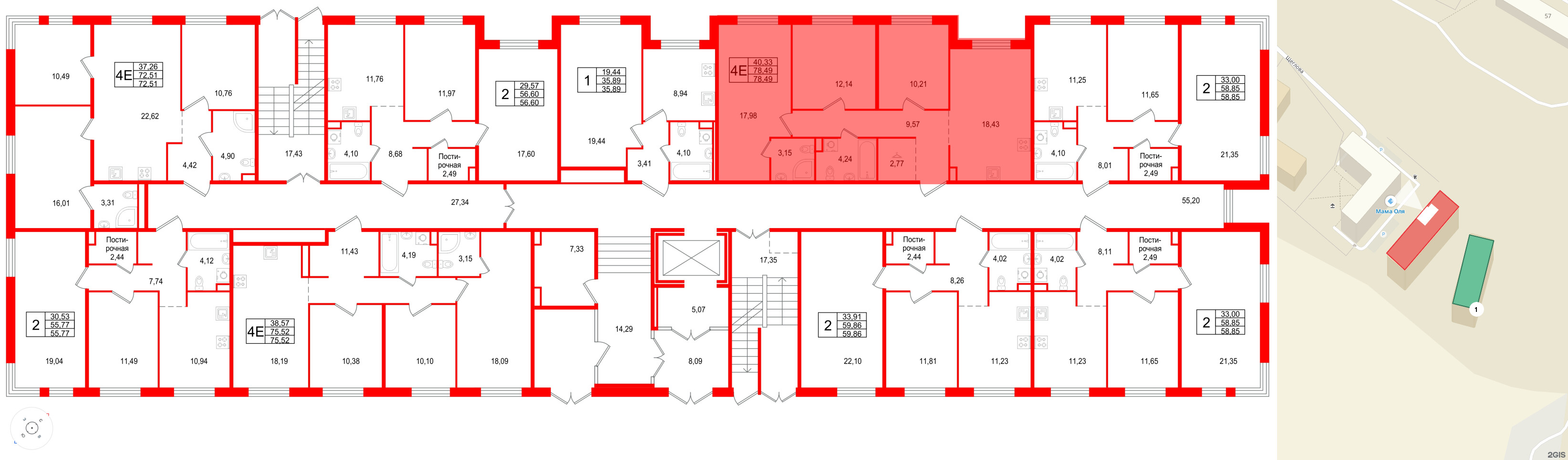 Квартира в ЖК Арт Парк, 3 комнатная, 78.49 м², 1 этаж