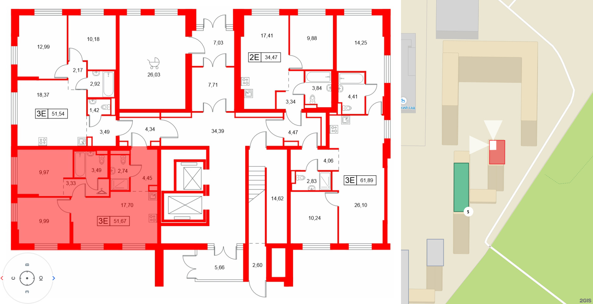 Квартира в ЖК Заречный парк, 2 комнатная, 51.67 м², 1 этаж