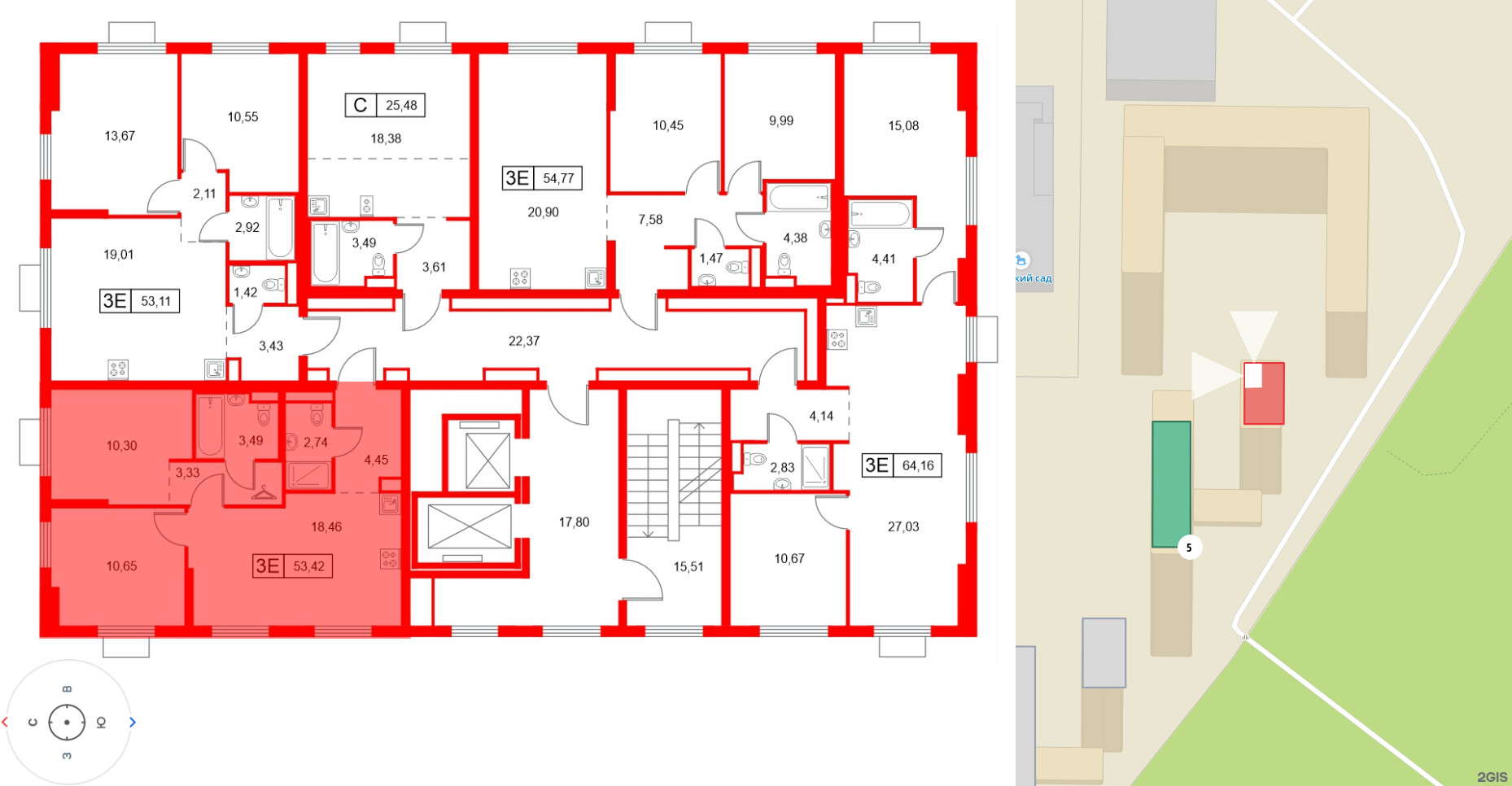 Квартира в ЖК Заречный парк, 2 комнатная, 53.42 м², 9 этаж