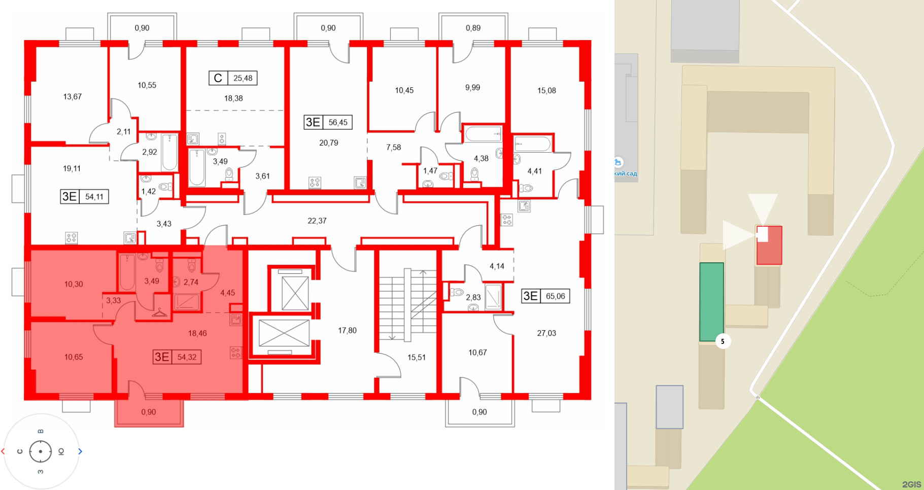 Квартира в ЖК Заречный парк, 2 комнатная, 54.32 м², 6 этаж
