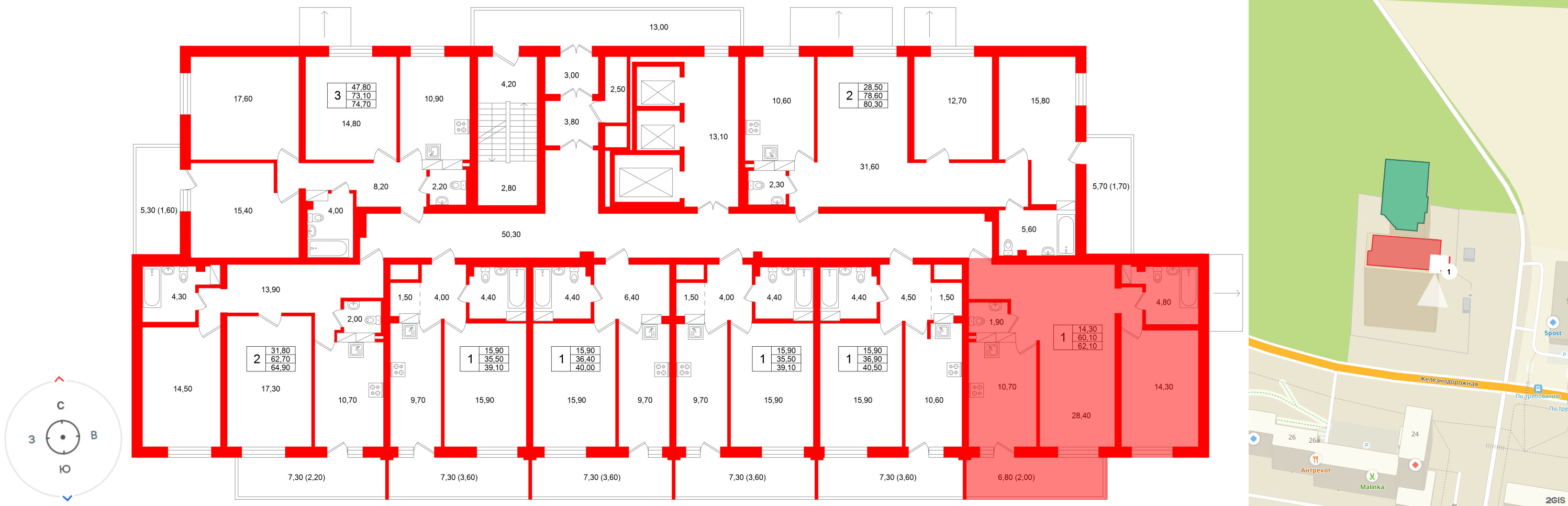 Квартира в ЖК Экос, 1 комнатная, 63.9 м², 2 этаж