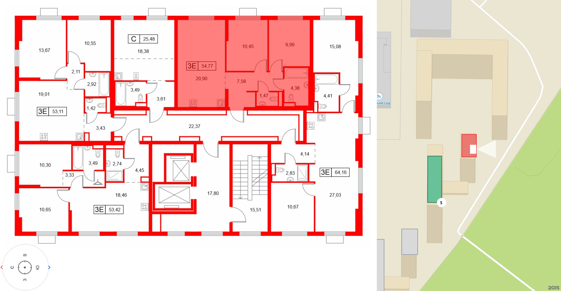 Квартира в ЖК Заречный парк, 2 комнатная, 54.77 м², 9 этаж