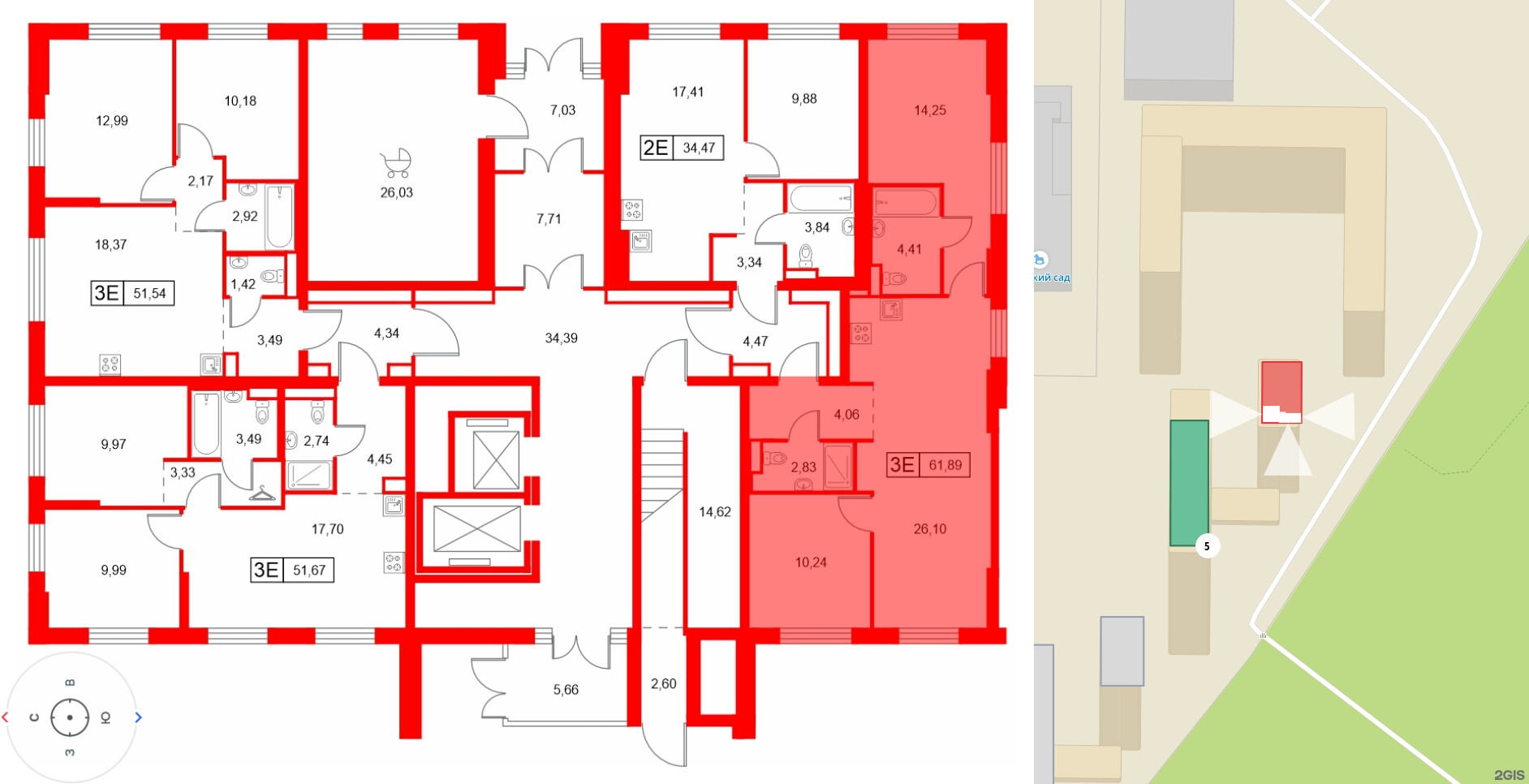 Квартира в ЖК Заречный парк, 2 комнатная, 61.89 м², 1 этаж