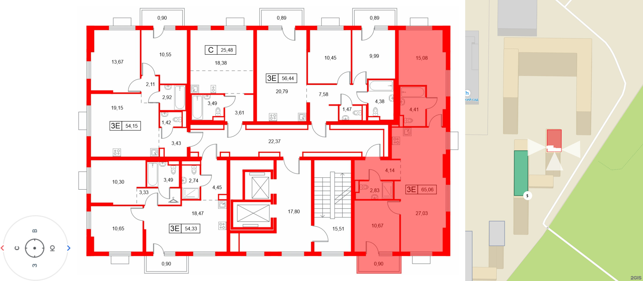 Квартира в ЖК «Заречный парк», 2 комнатная, 65.06 м², 2 этаж